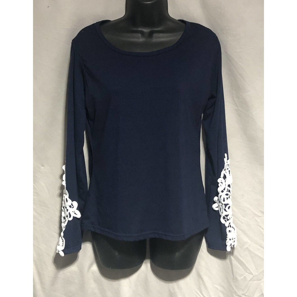 Blue L/S Blouse with Lace Accents - Sz Medium